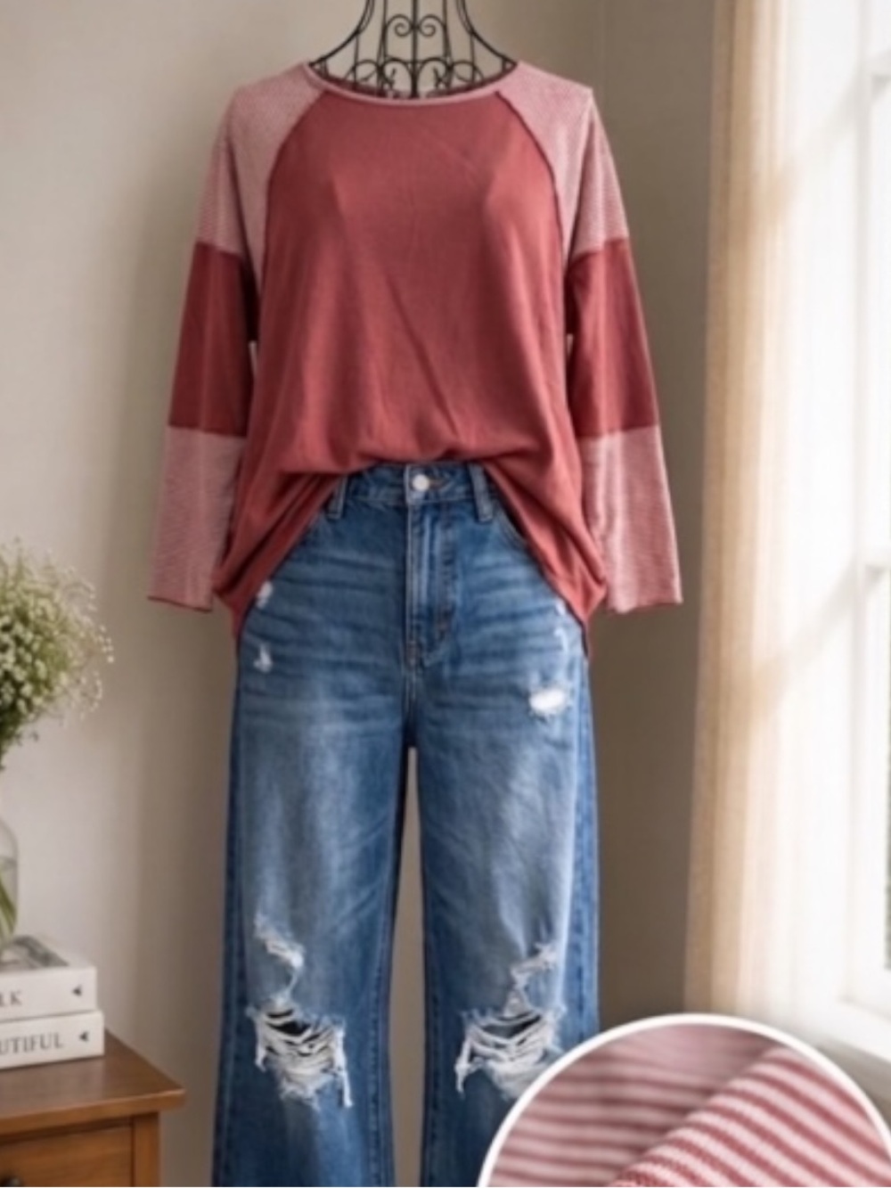 Easel Oversized Bohemian Swing Dusty Red Stripe Top S